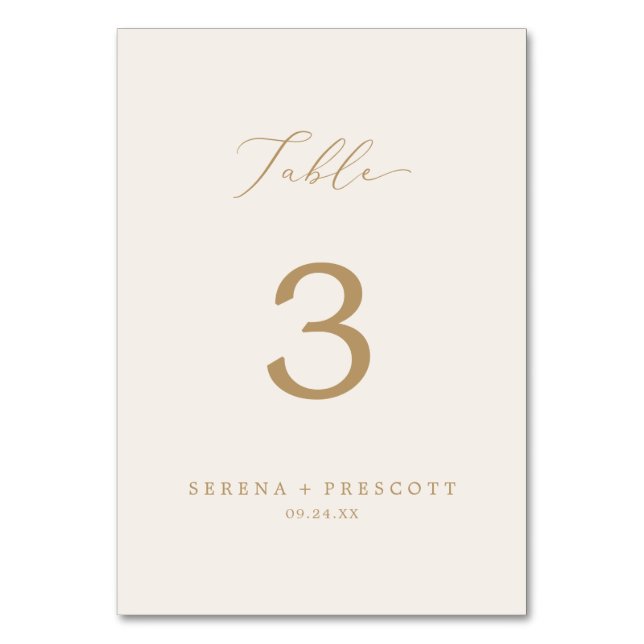 Numéro De Table Calligraphie dorée délicate | Mariage crème (Dos)