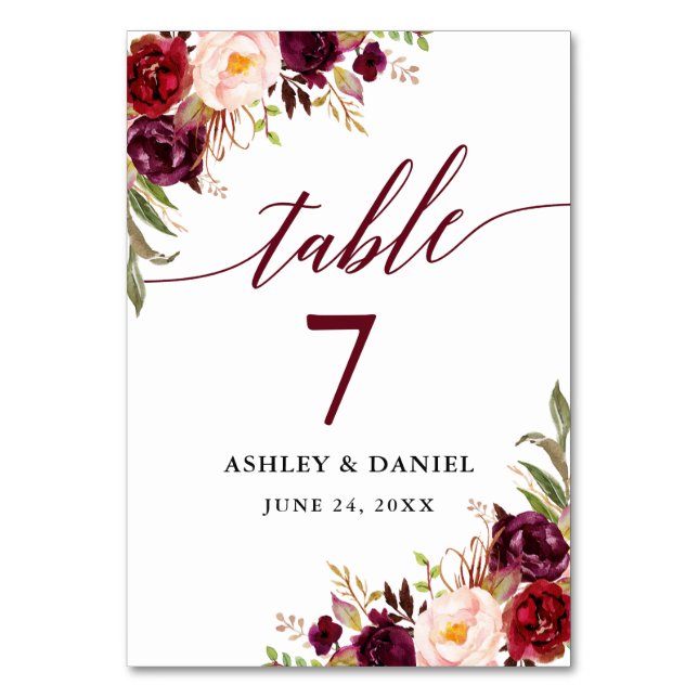 Numéro De Table Calligraphie Floral Bourgogne Mariage (Par défaut)