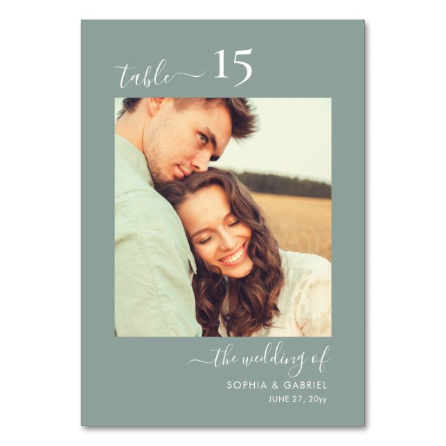 Numéro De Table Calligraphie Photo Mariage double face Vert (Dos)