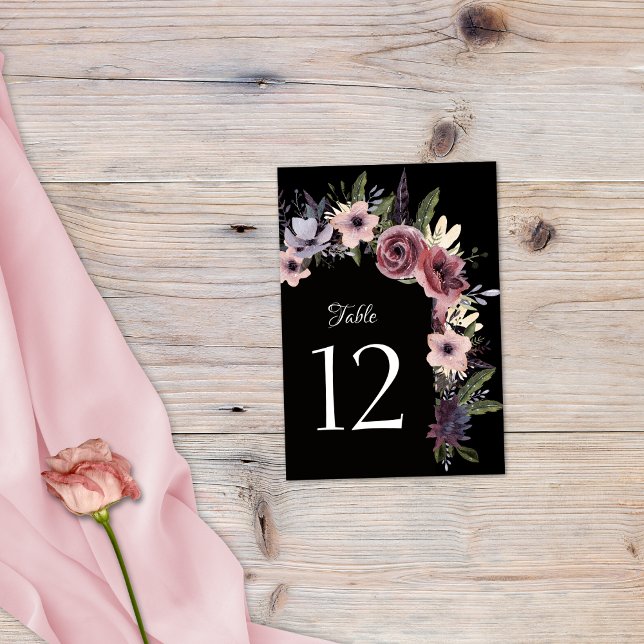 Numéro De Table Cascade Florale Noir Élégant Burgundy Foncé (Créateur téléchargé)