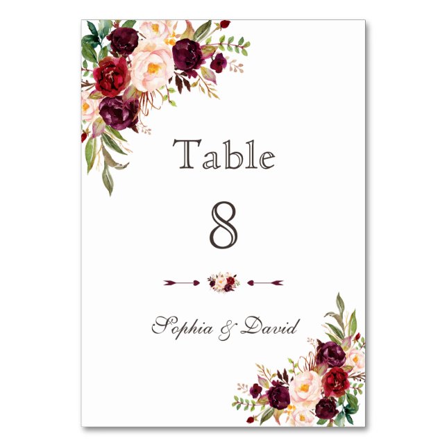 Numéro De Table Charm Bourgogne Rouge Marsala Floral Numéro de tab (Par défaut)
