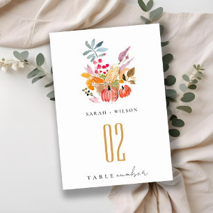 Numéro De Table Chic Citrouille de récolte d'automne Mariage d'aqu
