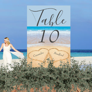 Numéro De Table Chic Dusty Blue Beach Mariage 2 Coeurs dans le sab