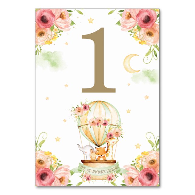 Numéro De Table Chic Green Hot Air Balloon Bébé Animaux Neutral (Par défaut)