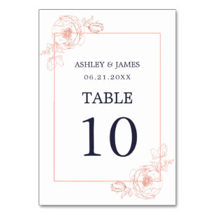 Numéro De Table Chic Rose Gold Floral Outline Marine Blue Mariage