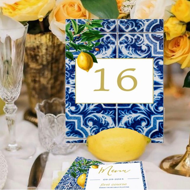 Numéro De Table Citrons Toscan Carrelage Bleu Blanc Mariage (Créateur téléchargé)