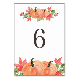 Numéro De Table Citrouille d'aquarelle et sauts de feuille d'érabl