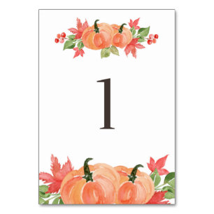 Numéro De Table Citrouille d'aquarelle et sauts de feuilles d'érab