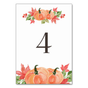 Numéro De Table Citrouille d'aquarelle et sauts de feuilles d'érab