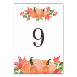 Numéro De Table Citrouille d'aquarelle et sauts de feuilles d'érab