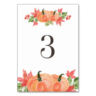 Numéro De Table Citrouille d'aquarelle et sauts de feuilles d'érab