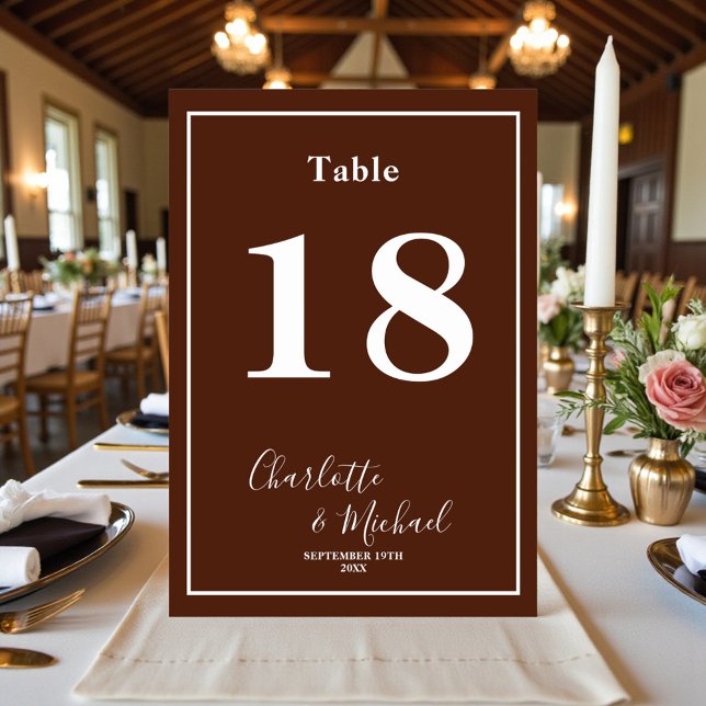 Numéro De Table Classic Brown Script Minimalist Wedding (Créateur téléchargé)