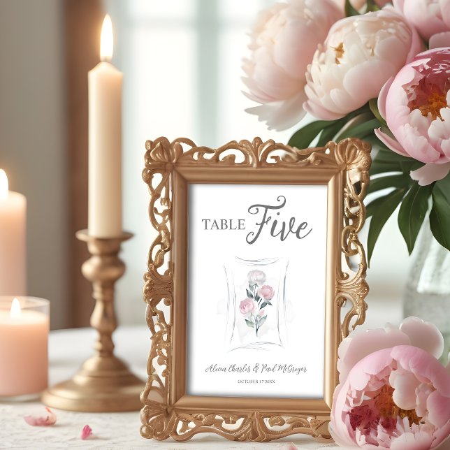Numéro De Table Classic Cute Floral Peonies Bunch en Gris & Rose (Classic Cute Watercolor Effect Floral Peonies Bunch in Gray & Pink Wedding Table Number Card. )