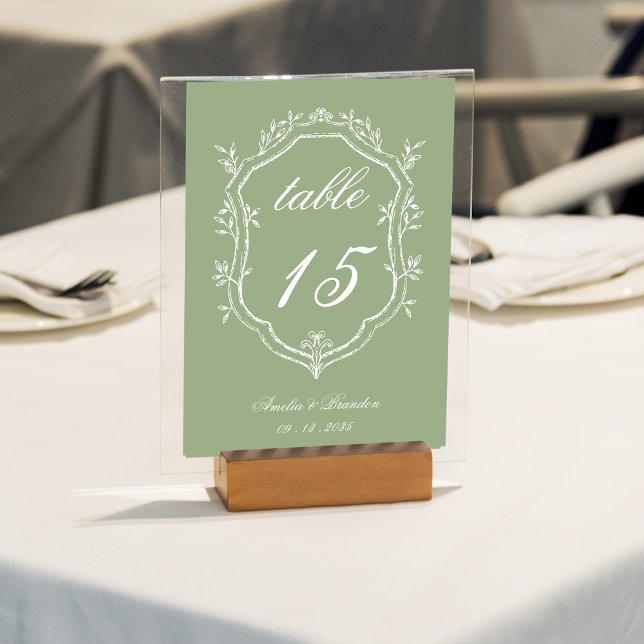 Numéro De Table Classic Sage Green & White Floral Crest Wedding (Créateur téléchargé)
