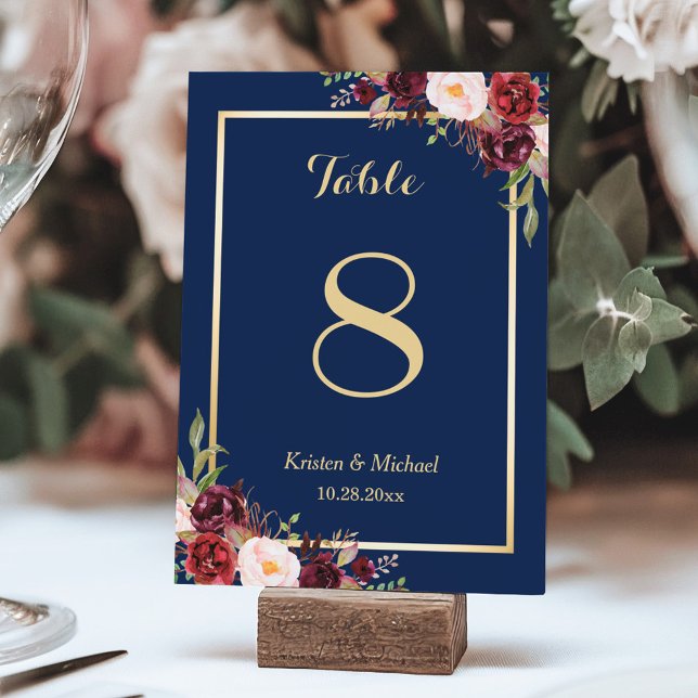 Numéro De Table Classy Burgundy Floral Gold Navy Blue Table Numéro (Créateur téléchargé)