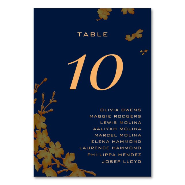 Numéro De Table Classy Gold Floral Navy bleu Nom d'invité (Par défaut)