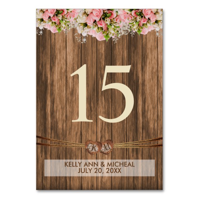 Numéro De Table Cœur à monogramme avec roses roses (Dos)
