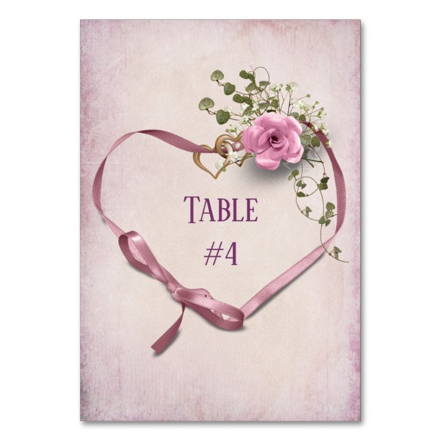 Numéro De Table Cœur de ruban rose avec anneaux (Par défaut)