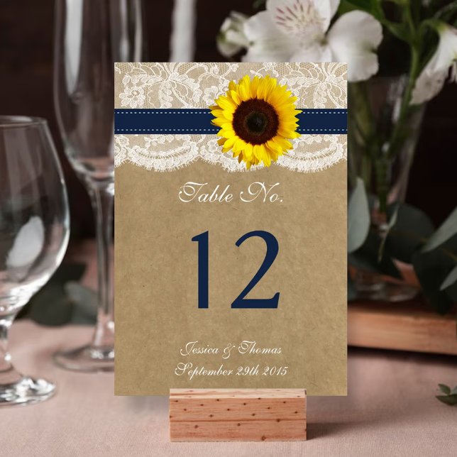 Numéro De Table Collection Kraft, dentelle et tournesol - Navy (Créateur téléchargé)
