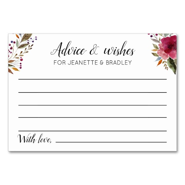 Numéro De Table Conseils et souhaits mariages aux fleurs bourguign (Devant)