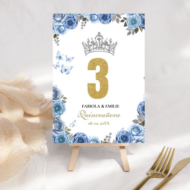 Numéro De Table Coquinceanera bleu et or élégant et chic (Créateur téléchargé)