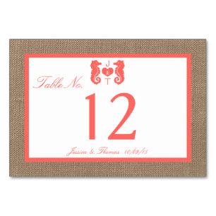 Numéro De Table Coral Seahorse Burlap Beach Wedding Collection