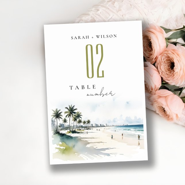 Numéro De Table Côte Miami Beach Palm Tree Mariage d'aquarelle (Créateur téléchargé)