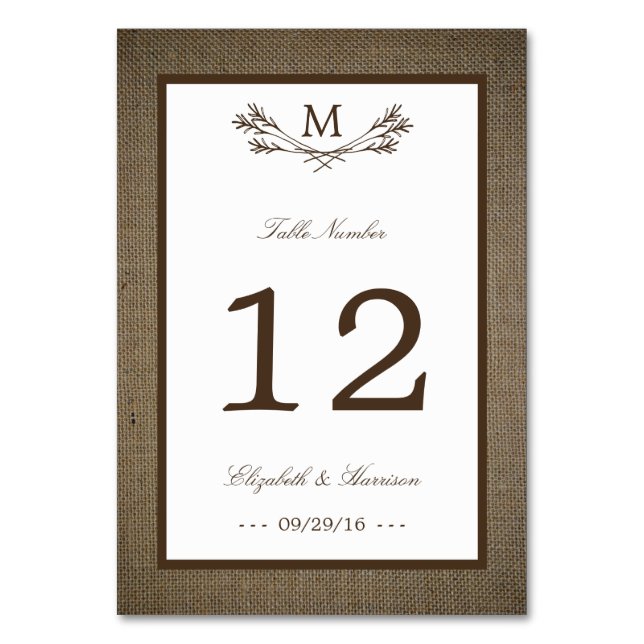 Numéro De Table Country Rustic Monogramme Branche & Mariage Burlap (Par défaut)