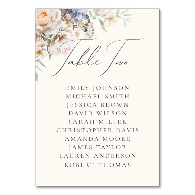 Numéro De Table Crème bleue Dusty Floral Table Deux noms d'invités (Par défaut)