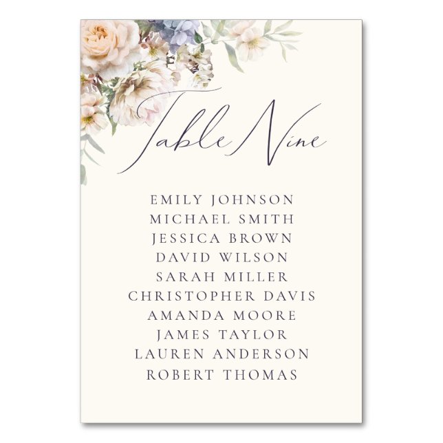 Numéro De Table Crème bleue Dusty Floral Table Neuf noms d'invités (Par défaut)