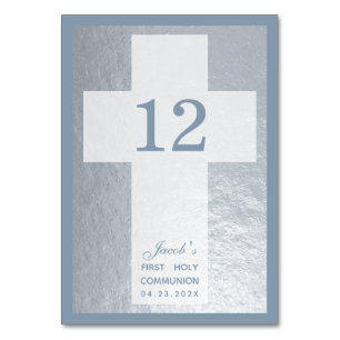 Numéro De Table Croix première communion Faux Silver Dusty Blue Bo