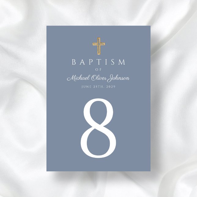 Numéro De Table Croix religieuse Dusty Blue Boy Baptême (Religious Cross Dusty Blue Boy Baptism Table Number)