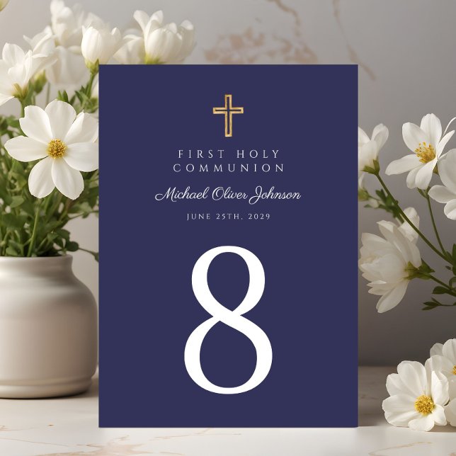 Numéro De Table Croix religieuse Marine Blue Boy Première communio (Religious Cross Navy Blue Boy First Communion Table Number)