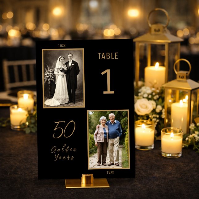 Numéro de table d'anniversaire 50 - Photo d'alors  (Elegant black and gold 50th anniversary table number in candlelit ballroom setting)