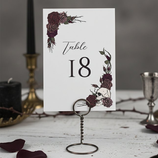 Numéro De Table Dark Floral Skull Gothic Wedding Table Number Card (Gothic Wedding Table Number Cards for Halloween, Hallowedding Party. Botanical Dark Floral Skull )