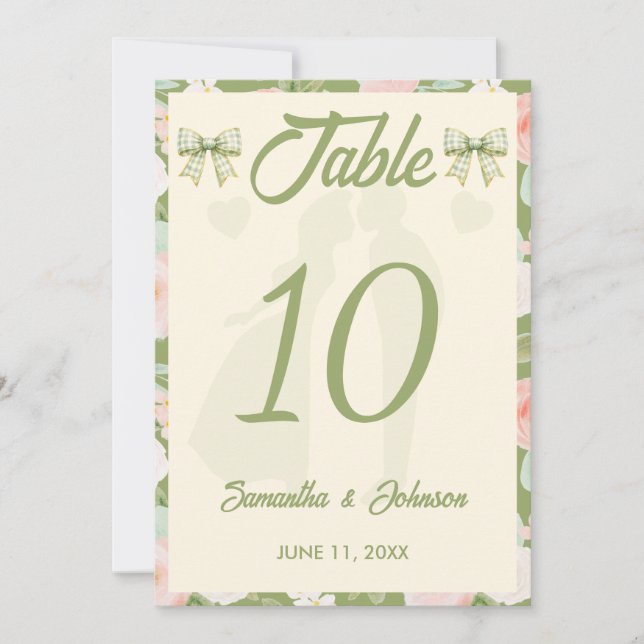 Numéro de table de mariage à ruban gingham vert Wi (Devant)