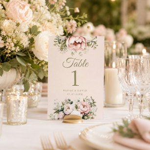 Numéro de table de mariage aux pivoines Blush & Iv