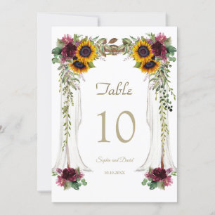 Numéro de table de mariage aux tournesols sous la 