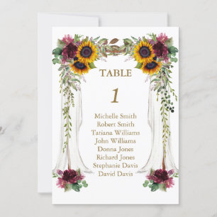 Numéro de table de mariage aux tournesols sous la