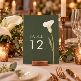 Numéro de table de mariage avec lys calla vert oli