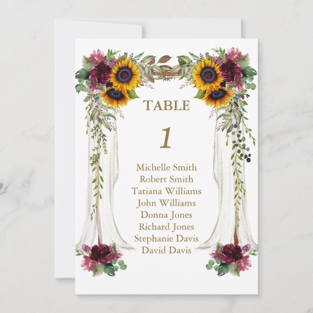 Numéro de table de mariage avec tournesols sous la (Devant)