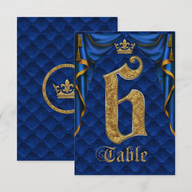 Numéro de table de mariage Couronne d'or Bleu Roya (Devant / Derrière)