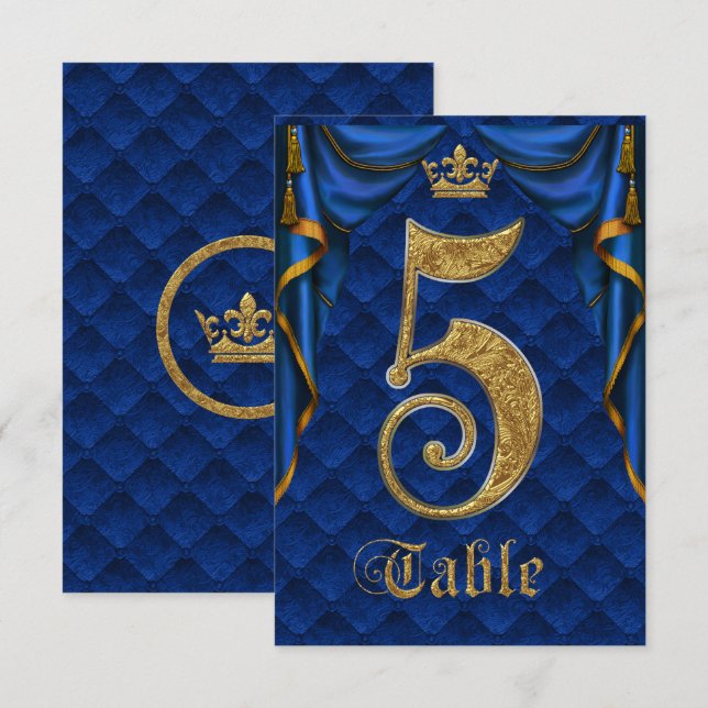 Numéro de table de mariage Couronne d'or Bleu Roya (Devant / Derrière)