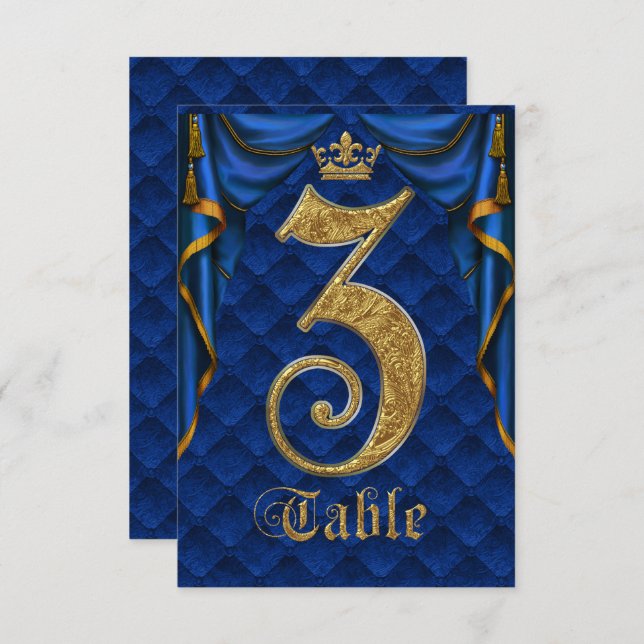 Numéro de table de mariage Couronne Or Bleu Royal  (Devant / Derrière)