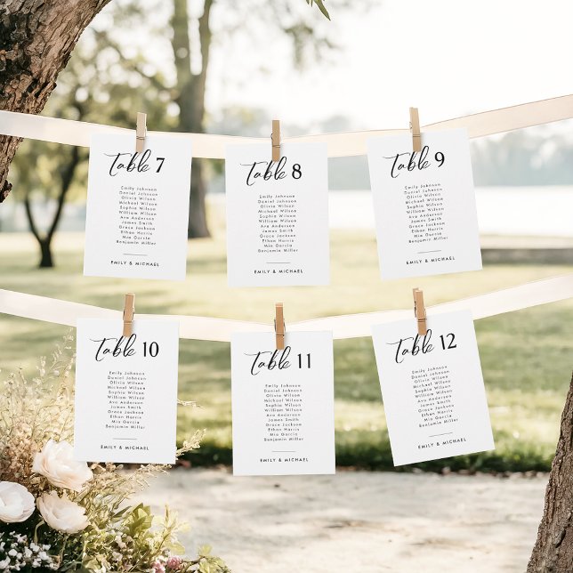 Numéro de table de Mariage de script élégant avec  (White customizable wedding table number with black text listing guest names  pegged to string line)