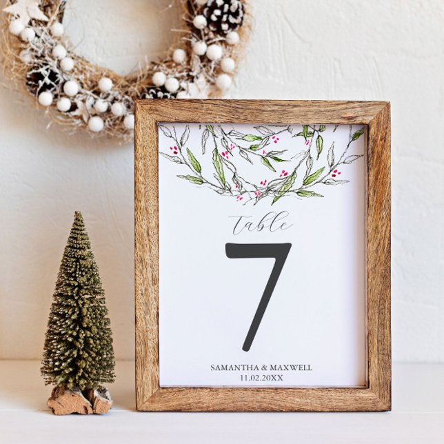 Numéro de table de mariage d'hiver Botaniques rust (Winter wedding table number unique Christmas botanical art by Victoria Grigaliunas Do Tell A Belle)