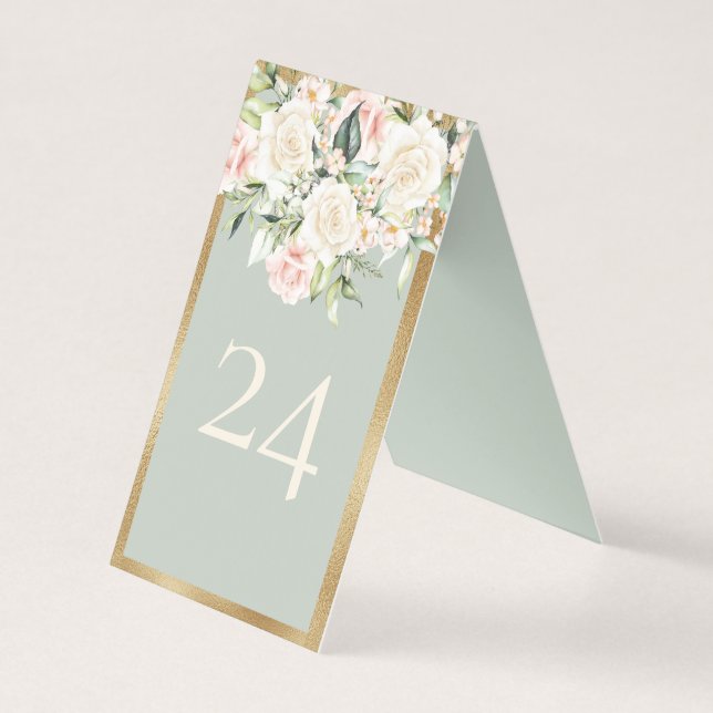 Numéro de table de mariage élégant floral vert or (Front)