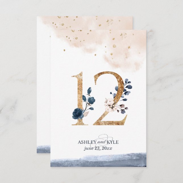 Numéro de table de mariage en bleu marine, rose bl (Devant / Derrière)