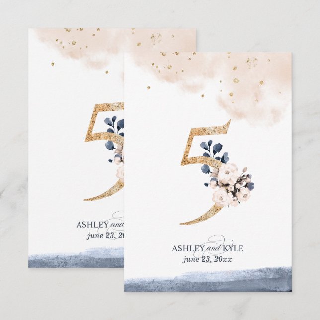 Numéro de table de mariage en bleu marine, rose bl (Devant / Derrière)