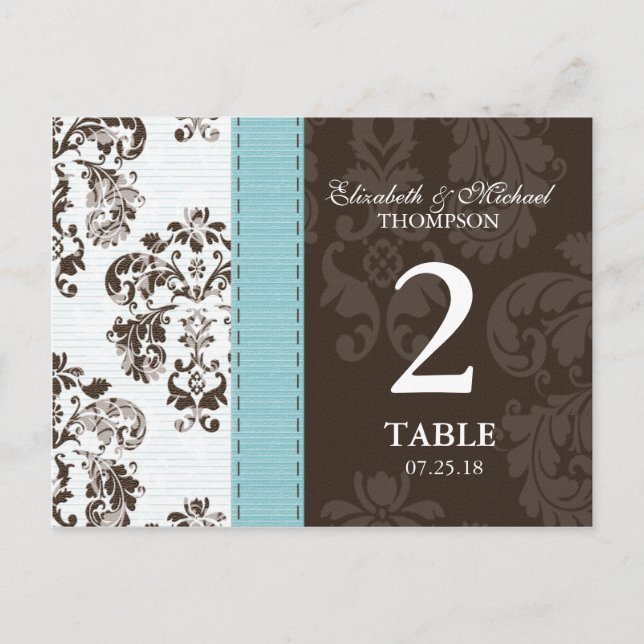 Numéro de table de mariage en damas bleu et marron (Devant)